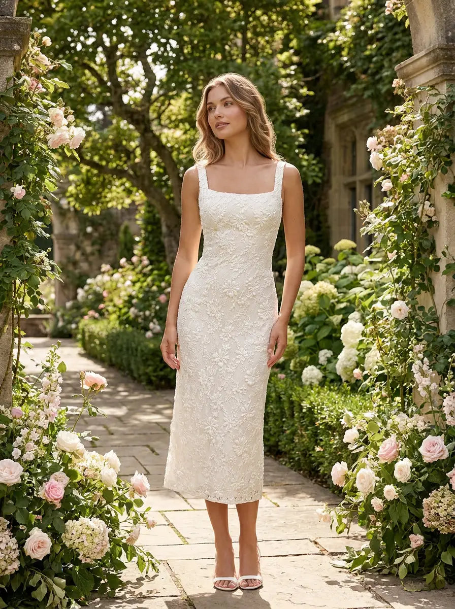 Female model wearing the floral lace square-neck A-line midi dress in a garden setting