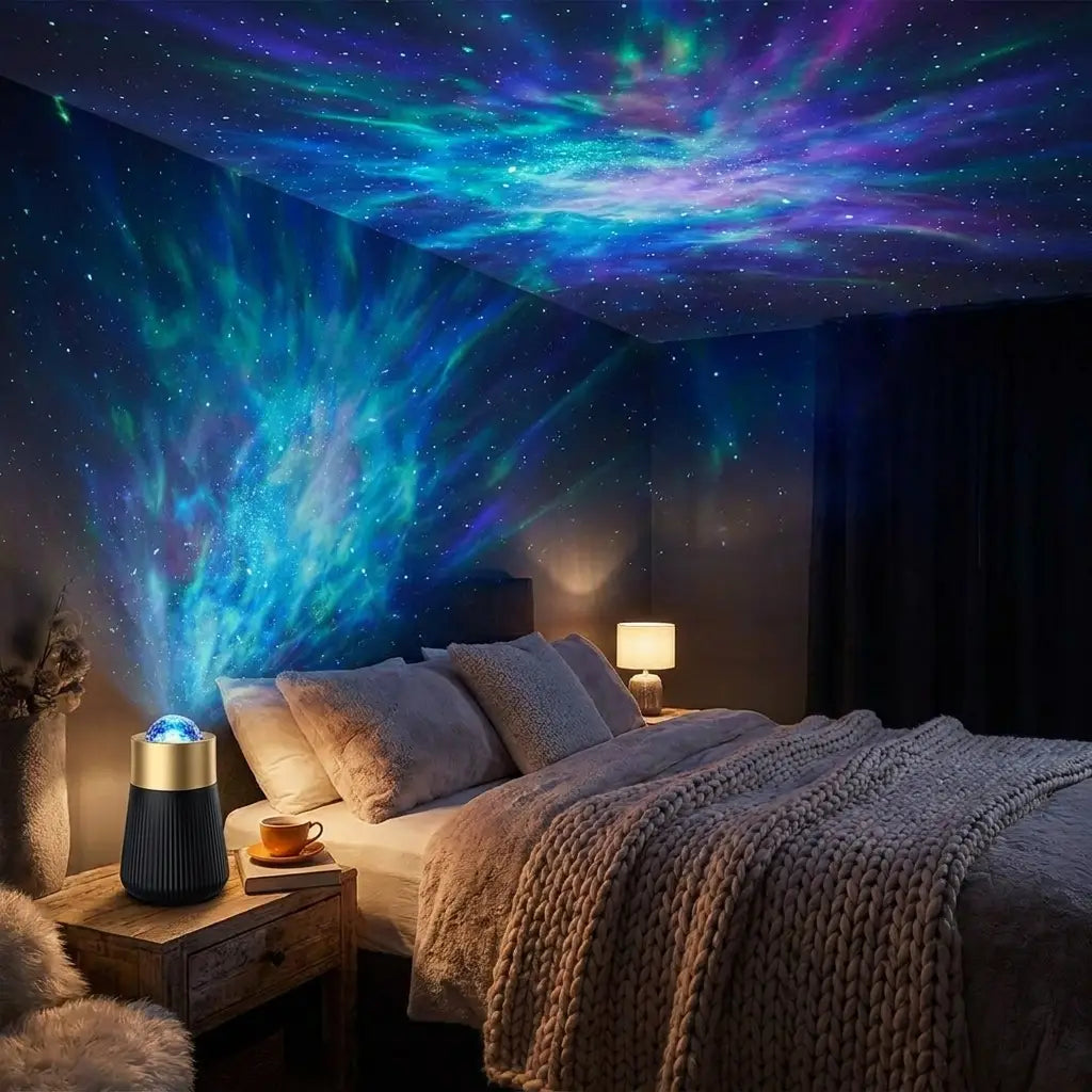 Galaxy star projector lighting a bedroom