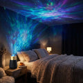 Galaxy star projector lighting a bedroom