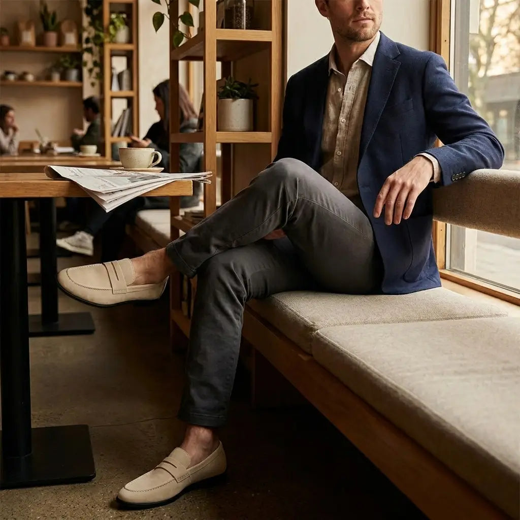 Man wearing suede penny loafers