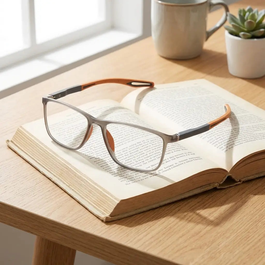 Titanium reading glasses on a desk