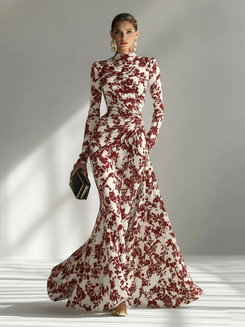 Model wearing the abstract floral mermaid maxi dress in Blue