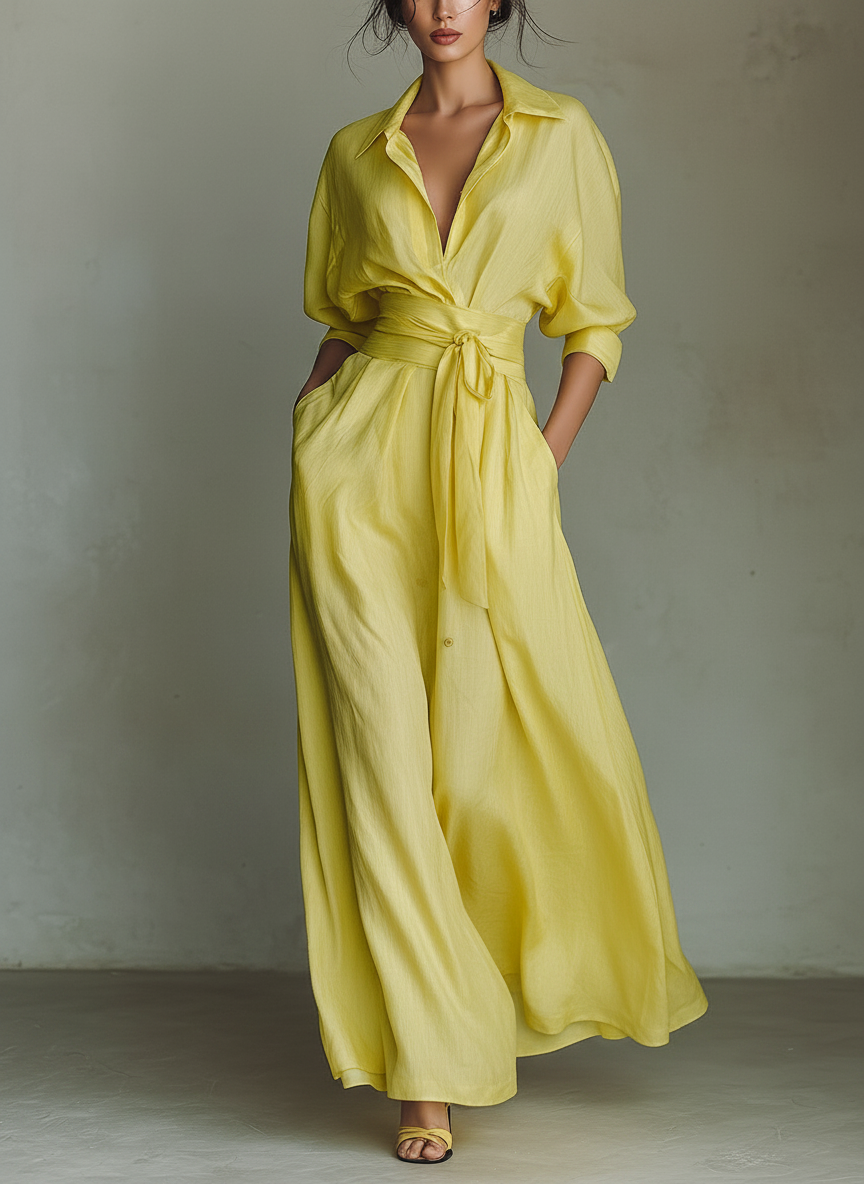 Women's Lemon Yellow Cotton And Linen Blend Maxi Shirt Dress With Tie Waist & Half Sleeves MDZ2884A4T