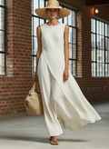 Women's Ivory Breathable Linen Dress With Sleeveless Detail & Asymmetric Hem, Contemporary Casual-Feminine Style Dress