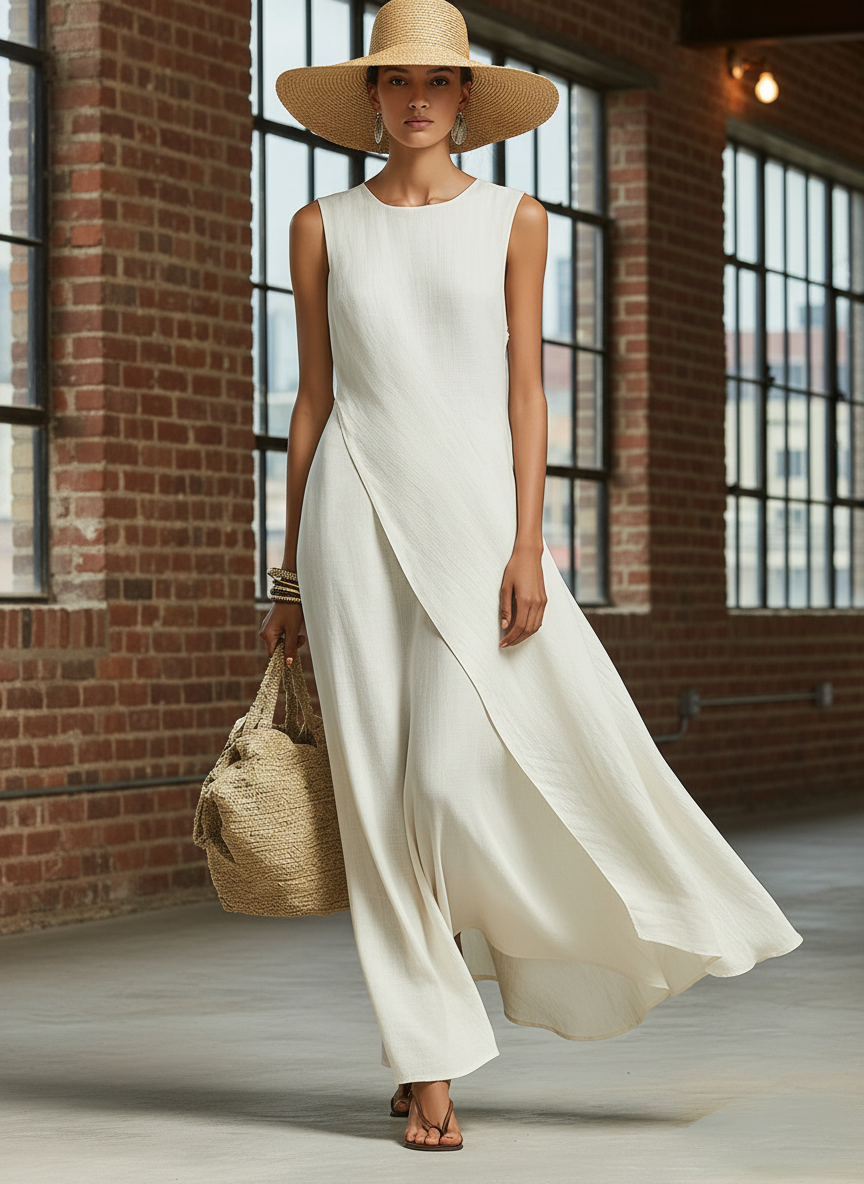 Women's Ivory Breathable Linen Dress With Sleeveless Detail & Asymmetric Hem, Contemporary Casual-Feminine Style Dress