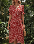 Women’s Floral Wrap Midi Dress with V-Neckline and Tulip Hem