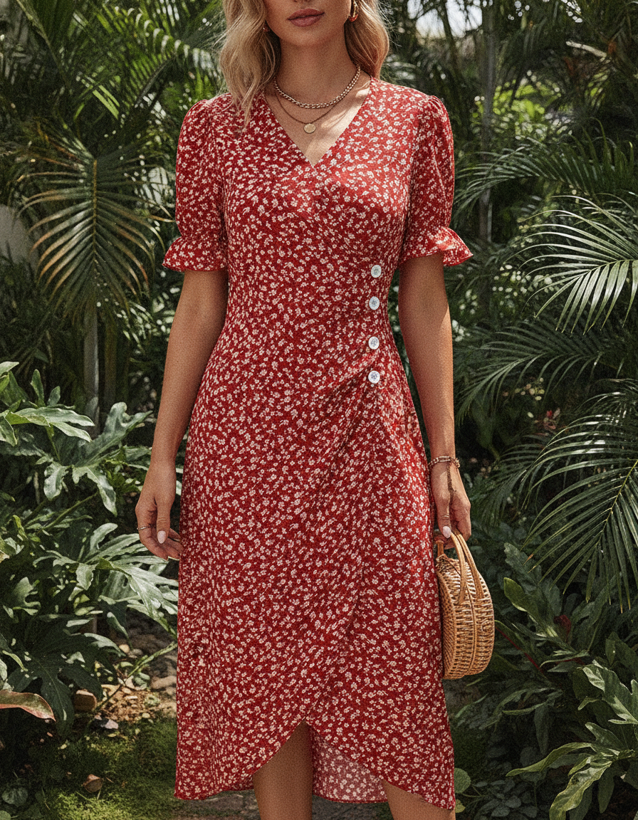 Women’s Floral Wrap Midi Dress with V-Neckline and Tulip Hem