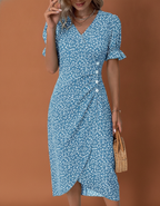 Women’s Floral Wrap Midi Dress with V-Neckline and Tulip Hem