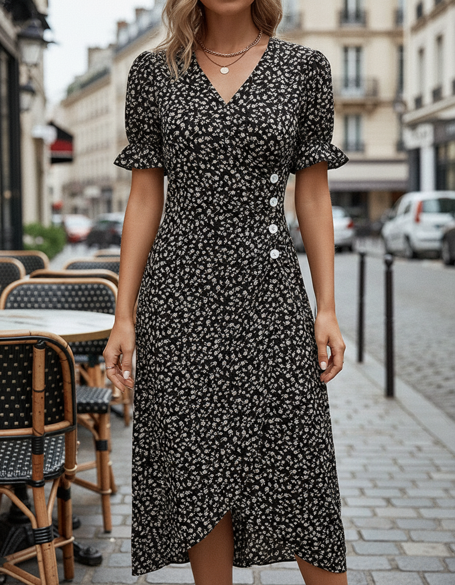 Women’s Floral Wrap Midi Dress with V-Neckline and Tulip Hem