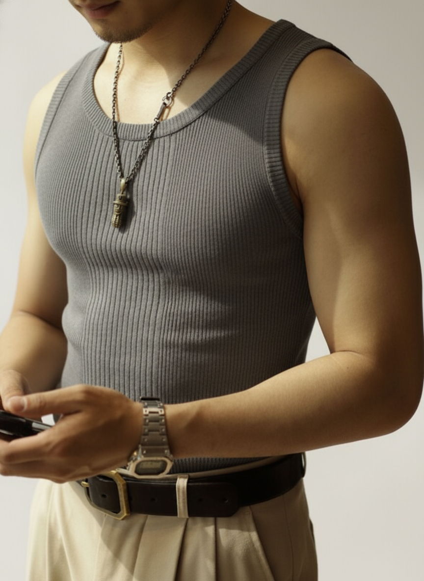 Men’s Classic Knitted Tank Top with Ribbed Crew Neck Design