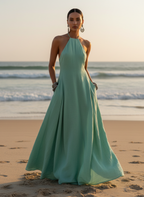 Women's Minimalist Linen Blend Halter Neck Sleeveless Maxi Dress