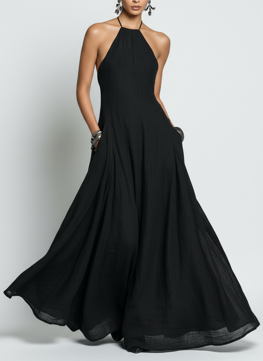 Women's Minimalist Linen Blend Halter Neck Sleeveless Maxi Dress
