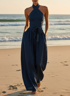 Marina | Cross Halter Wide-Leg Linen Jumpsuit