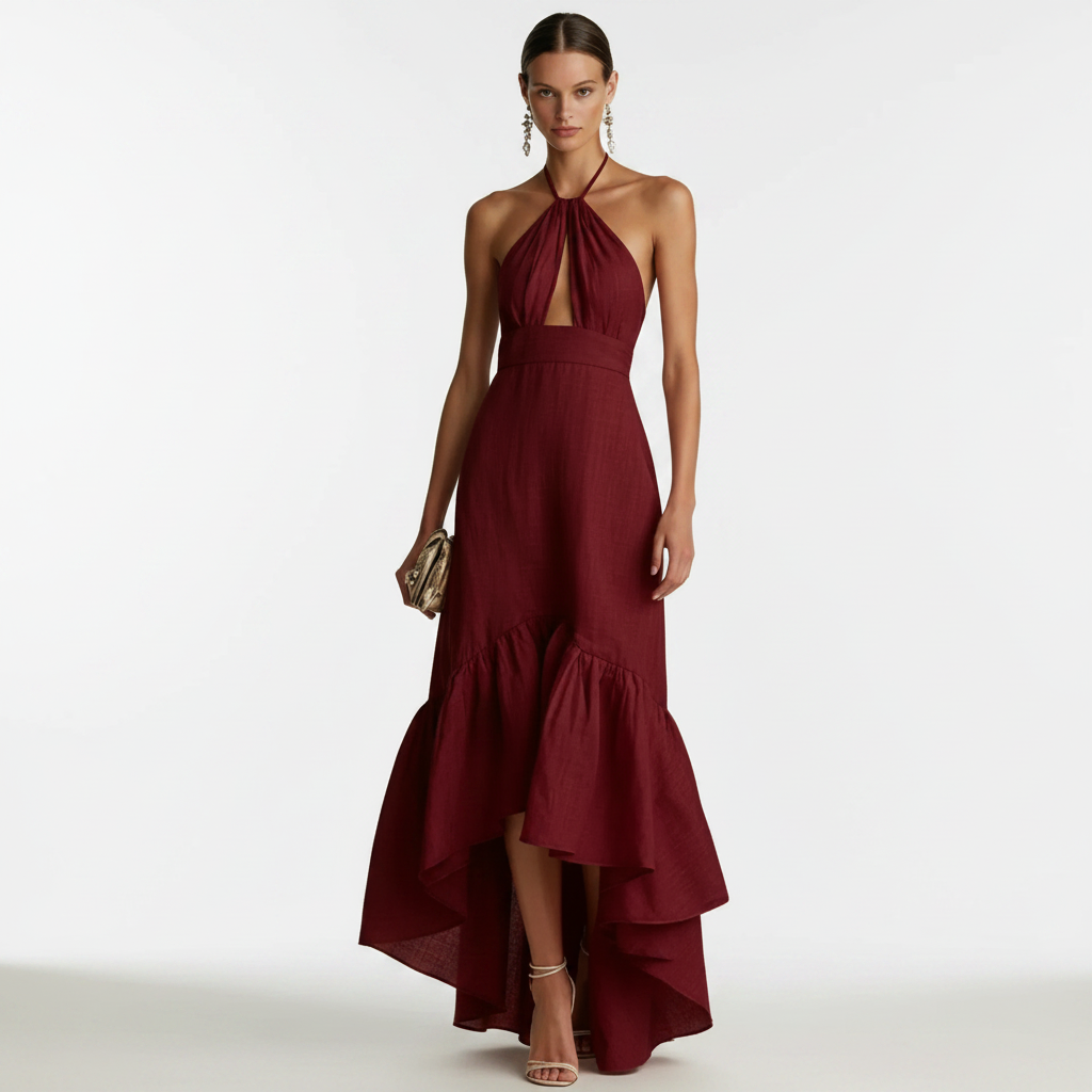 Adalia | Halter Neck Ruffle Hem Maxi Dress