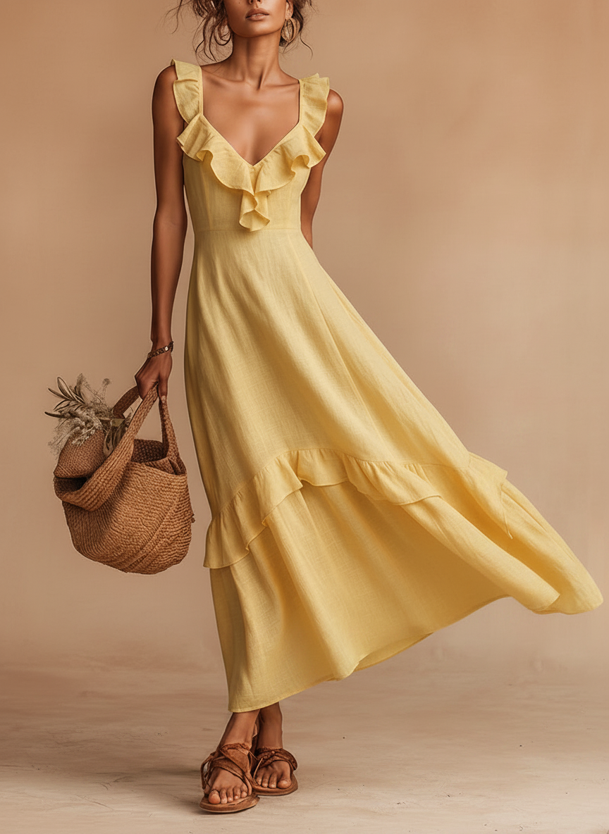 Women's Yellow Linen Dress With Ruffle V-Neck & Ruffled Hem, Timeless Boho-Resort Style Dress