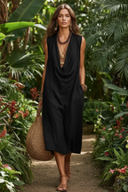 Sleeveless Drape Neck Midi Dress with Pockets