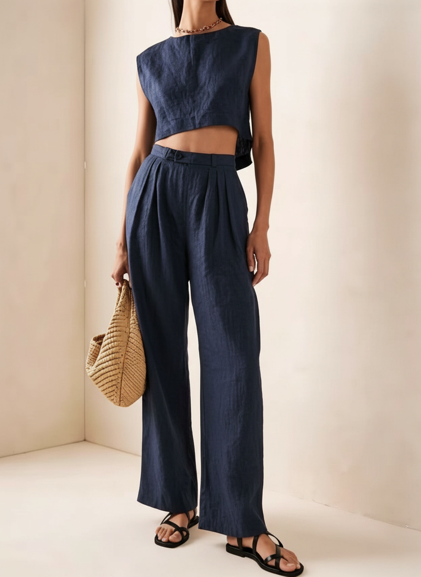 2 Piece Outfits Sleeveless Crop Top Wide Leg Pants Ewa Set