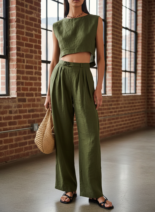 2 Piece Outfits Sleeveless Crop Top Wide Leg Pants Ewa Set