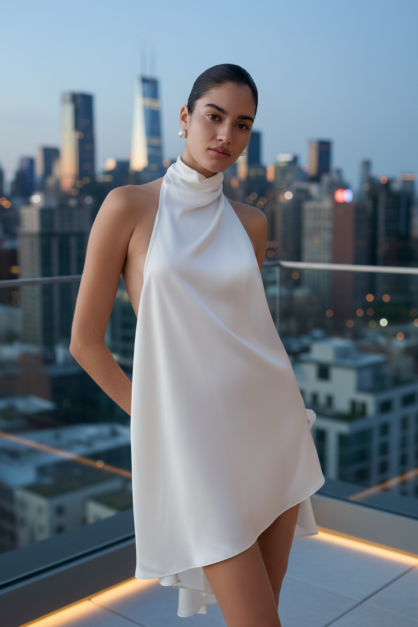 Sydney Asymmetrical Satin Halter Mini Dress - Ivory