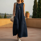 Womens Loose-Fitting Sleeveless Cotton Linen Pocket Dress – Casual A-Line Long Dress