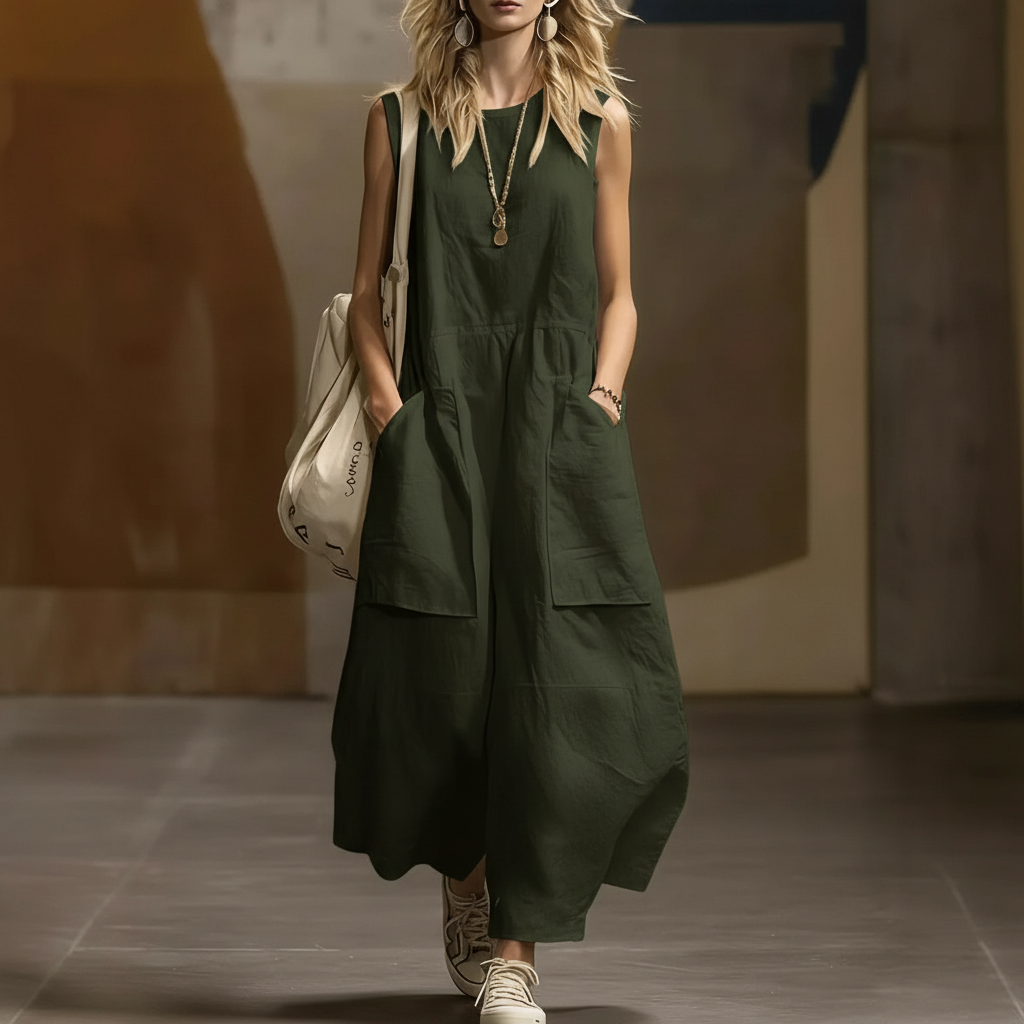 Womens Loose-Fitting Sleeveless Cotton Linen Pocket Dress – Casual A-Line Long Dress