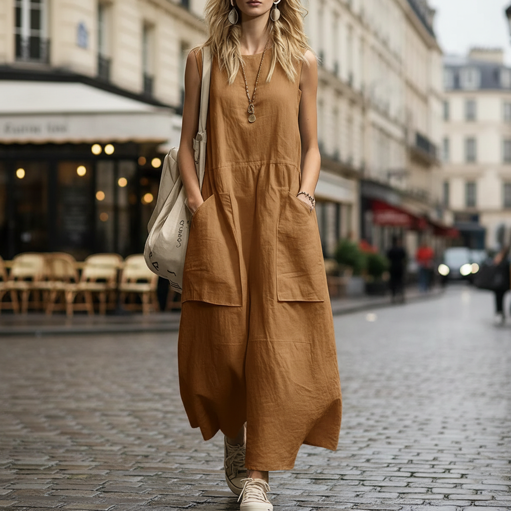 Womens Loose-Fitting Sleeveless Cotton Linen Pocket Dress – Casual A-Line Long Dress