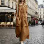 Womens Loose-Fitting Sleeveless Cotton Linen Pocket Dress – Casual A-Line Long Dress