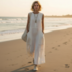 Womens Loose-Fitting Sleeveless Cotton Linen Pocket Dress – Casual A-Line Long Dress
