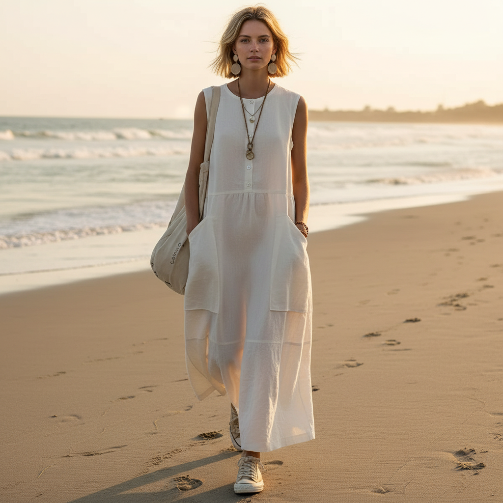 Womens Loose-Fitting Sleeveless Cotton Linen Pocket Dress – Casual A-Line Long Dress