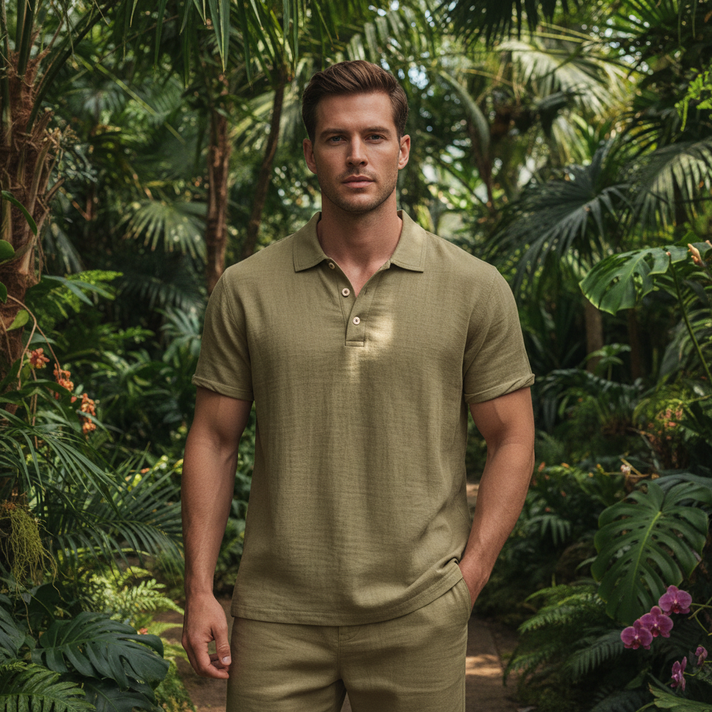 Men’s Breathable Linen Casual Short Sleeve Polo Shirt