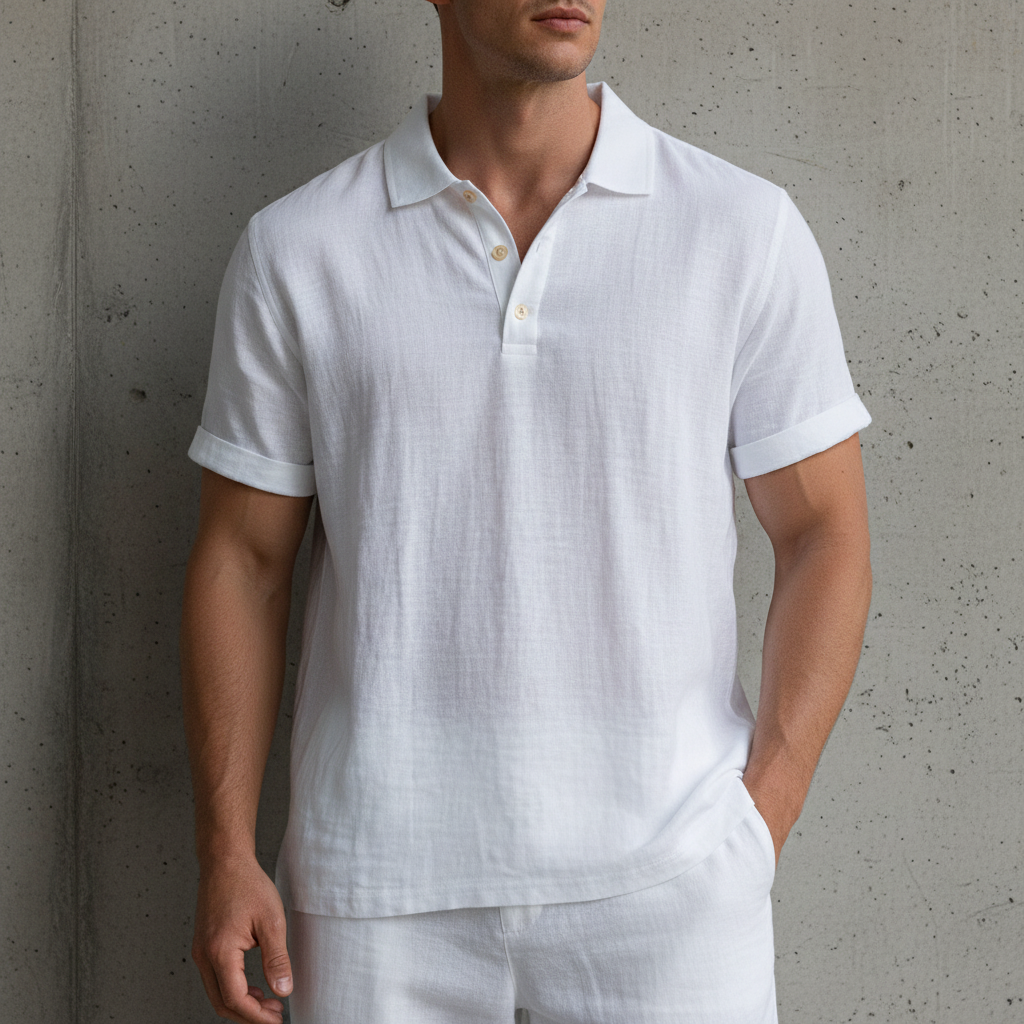 Men’s Breathable Linen Casual Short Sleeve Polo Shirt