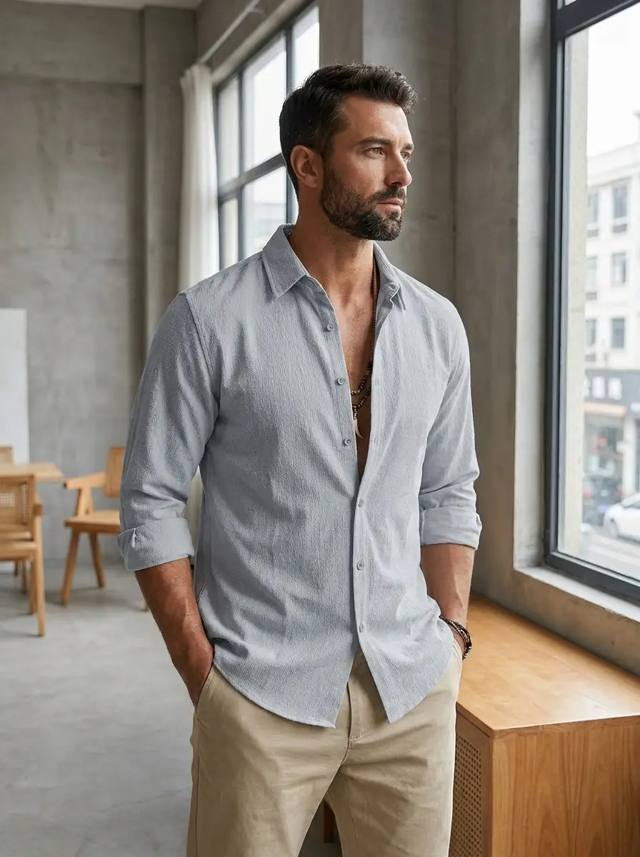 Male model in slim-fit button-up shirt