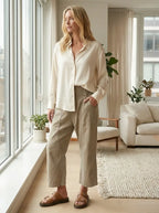 Model in wide-leg flowy pants