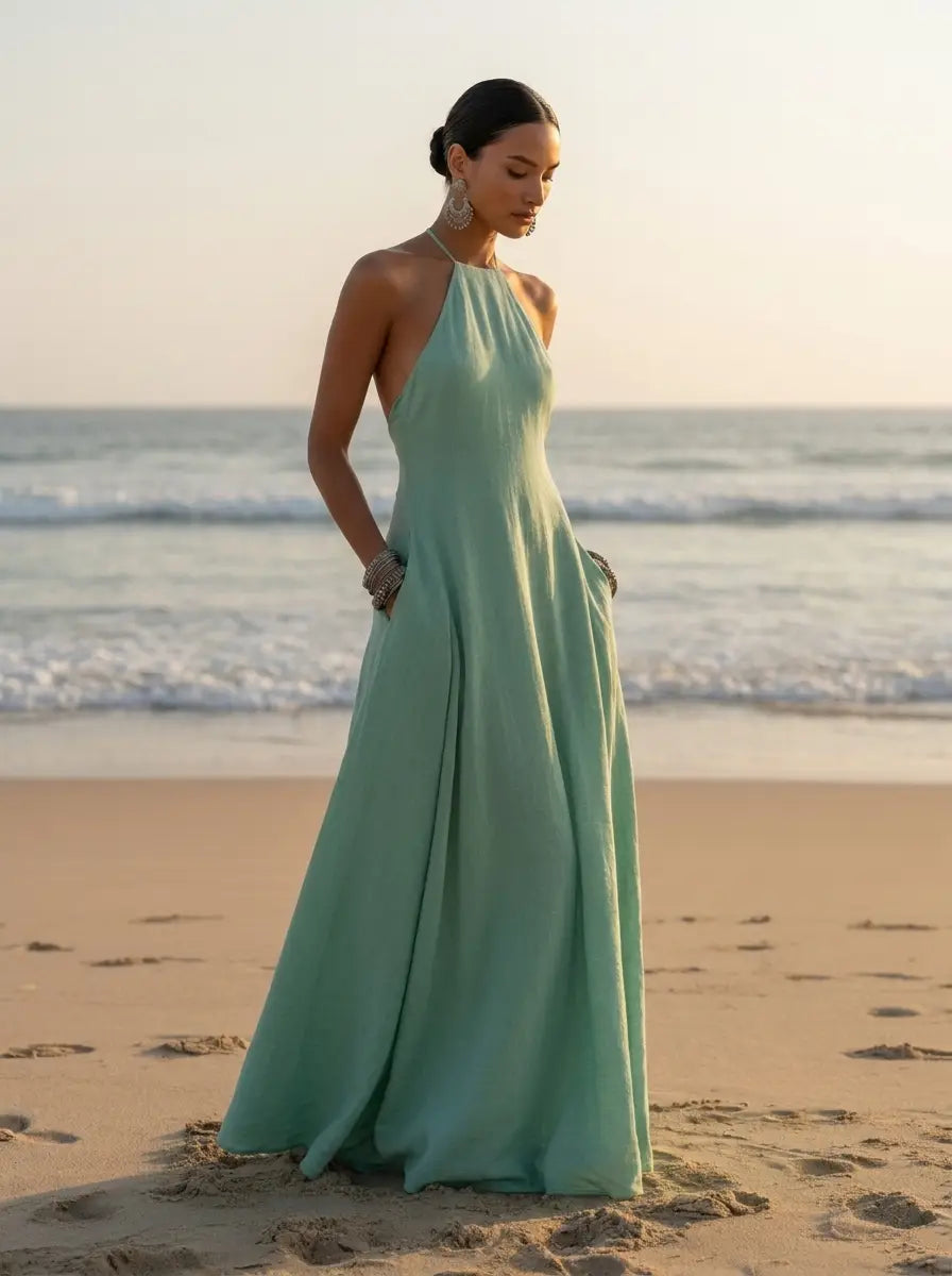 Model in linen halter maxi dress