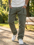Model wearing cotton cargo pants with elastic waist, lifestyle shot