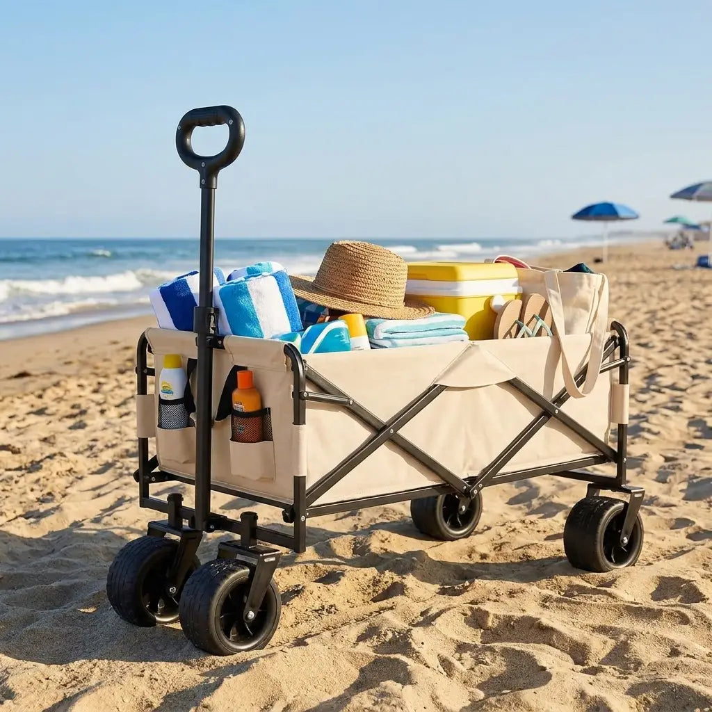 Foldable beach trolley wagon on a beach