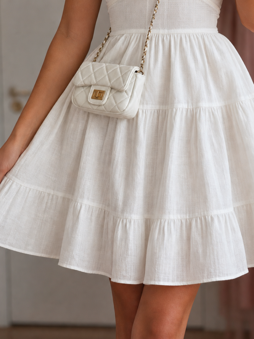 Spaghetti-strap mini dress with ruched bodice in white