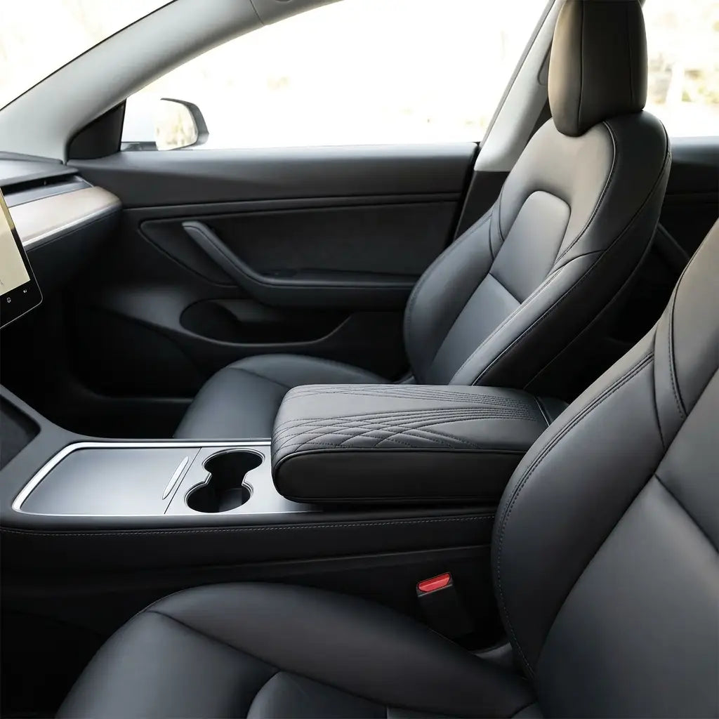 Leather car armrest pad installed in a car