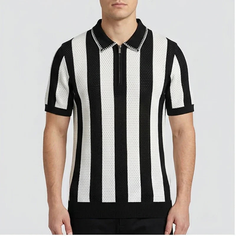 Model wearing Black Knit Polo Shirt in studio