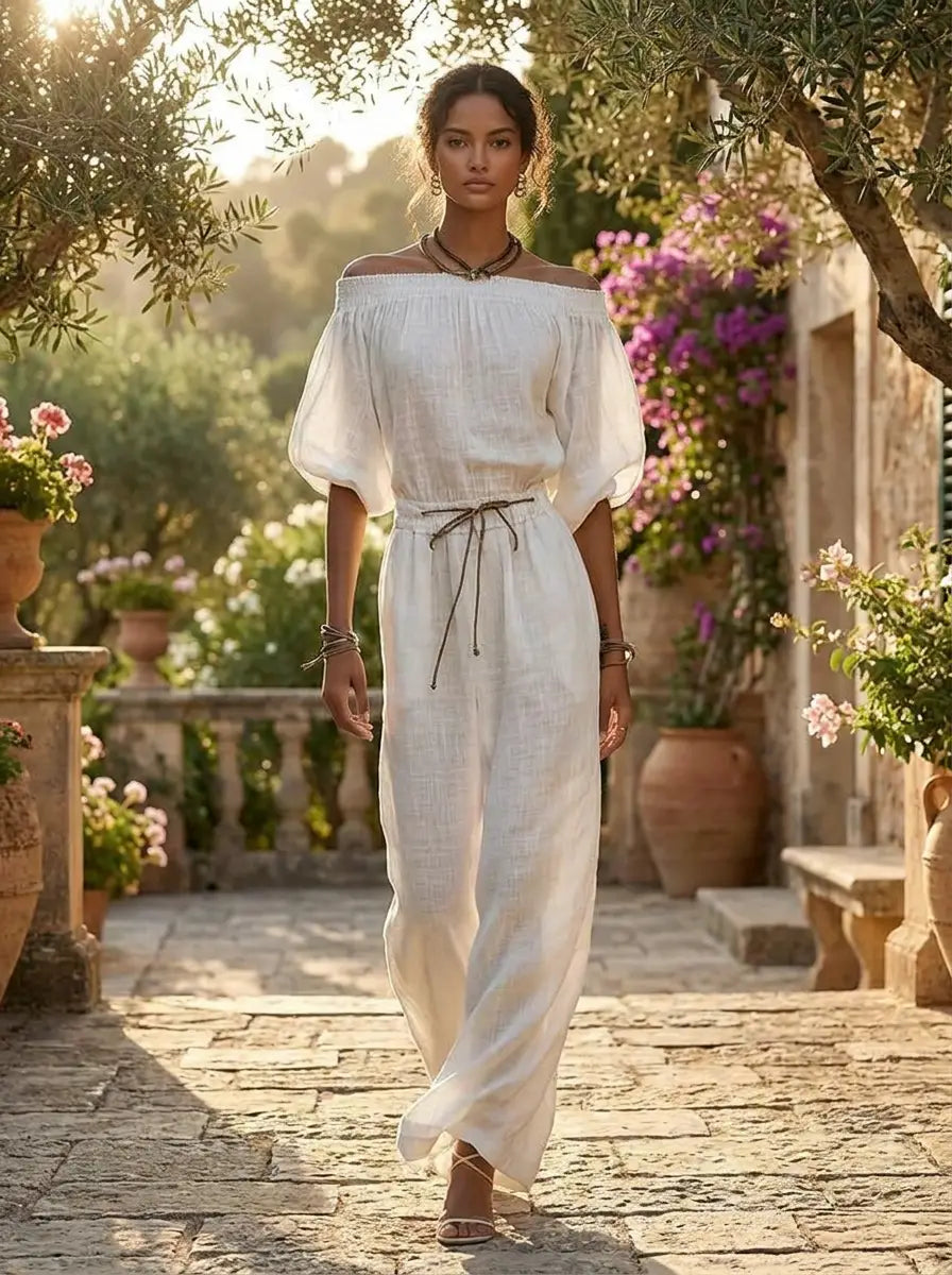 Model in off-shoulder maxi dress