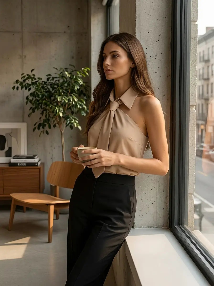 Female model wearing the khaki neck-tie blouse, editorial lifestyle