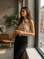 Female model wearing the khaki neck-tie blouse, editorial lifestyle