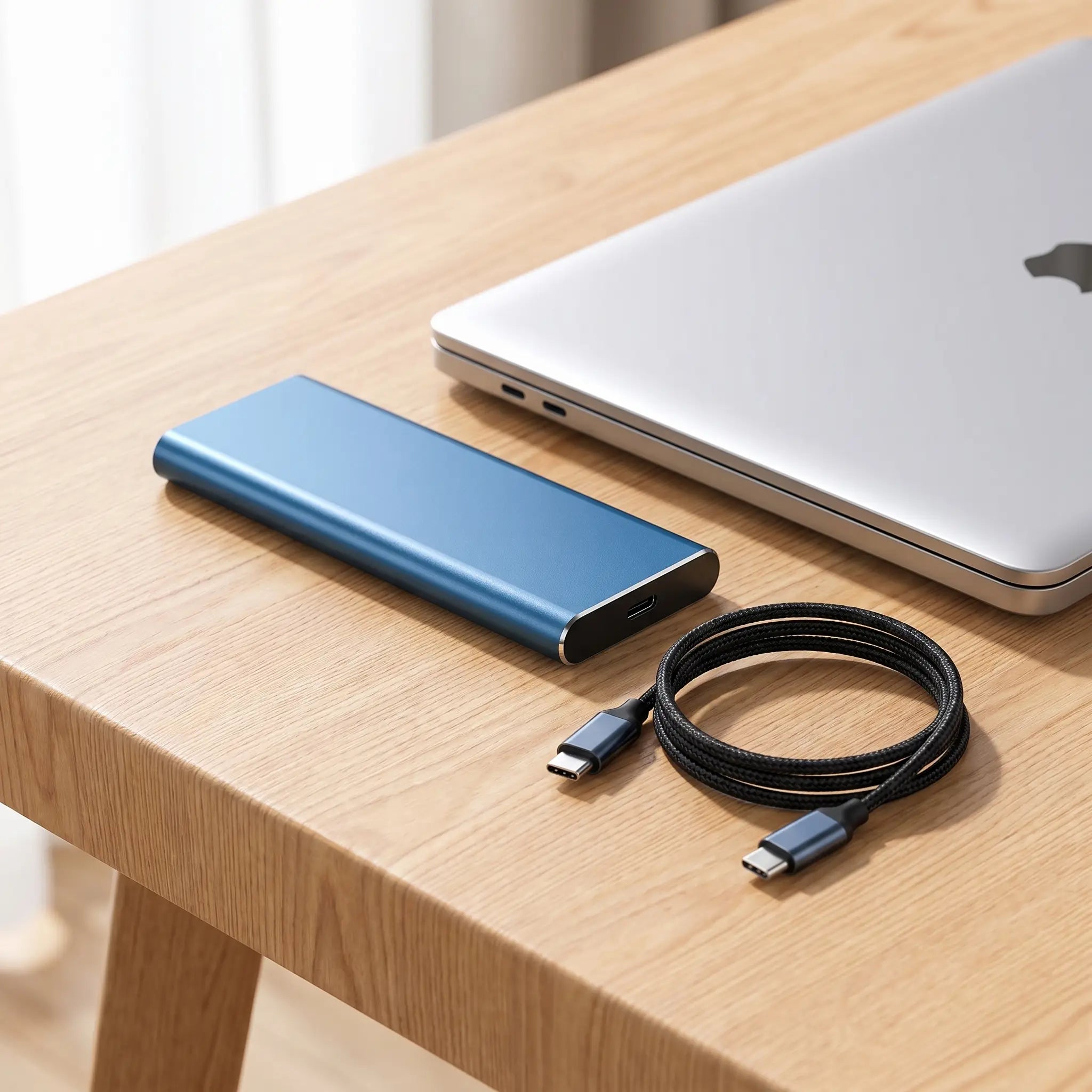 Compact 4TB portable external hard drive on a modern desk