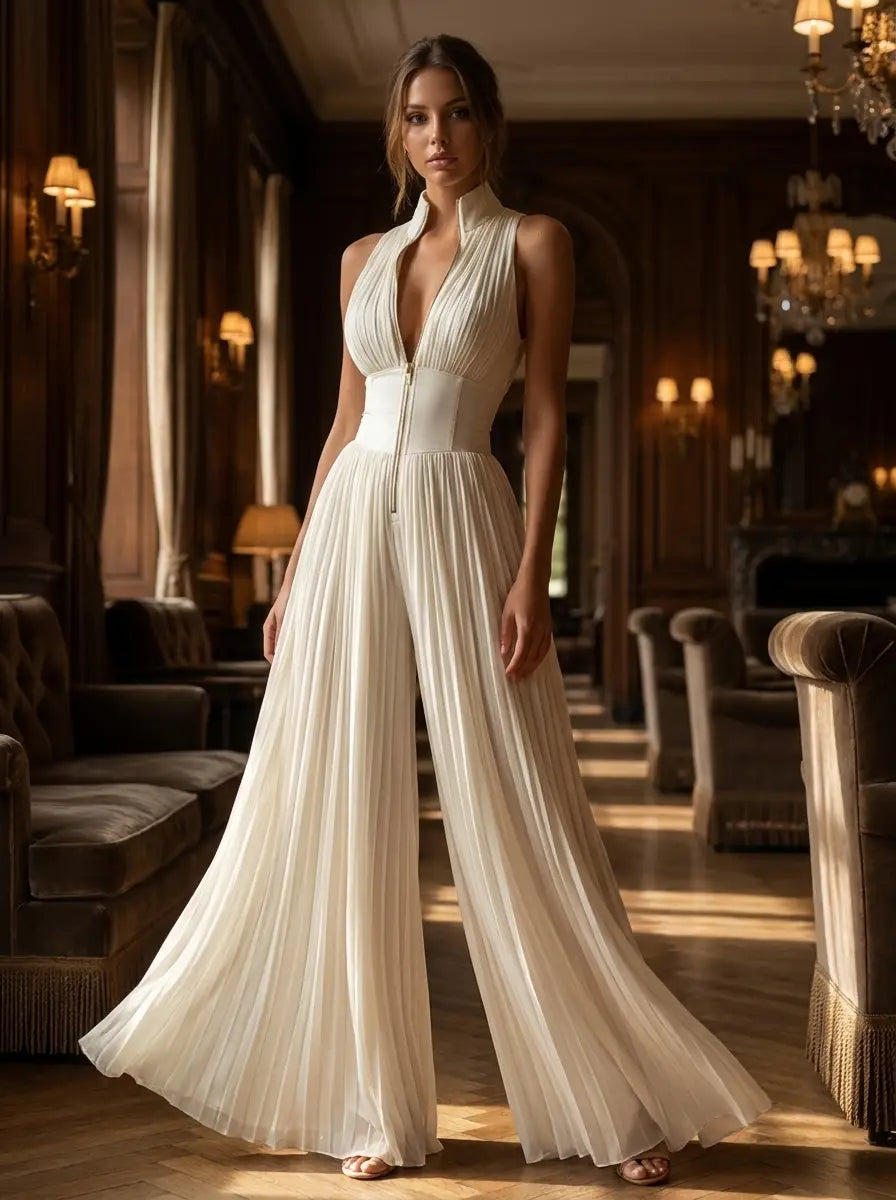 Model in ivory pleated evening jumpsuit