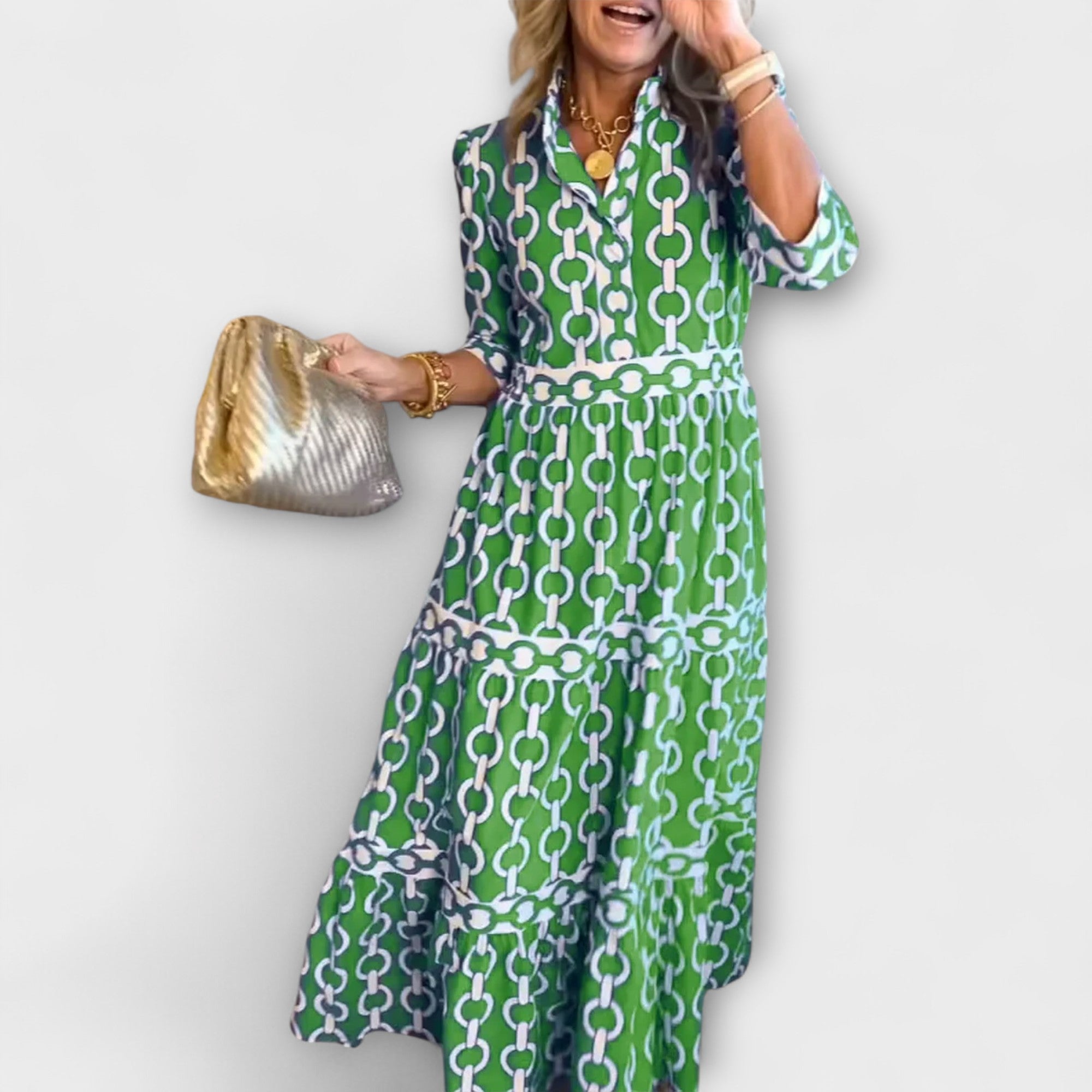 Green chain-print midi dress