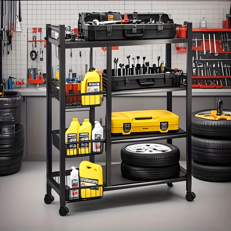4-Tier Rolling Storage Rack — Metal Shelf with Wire Baskets & Wheels