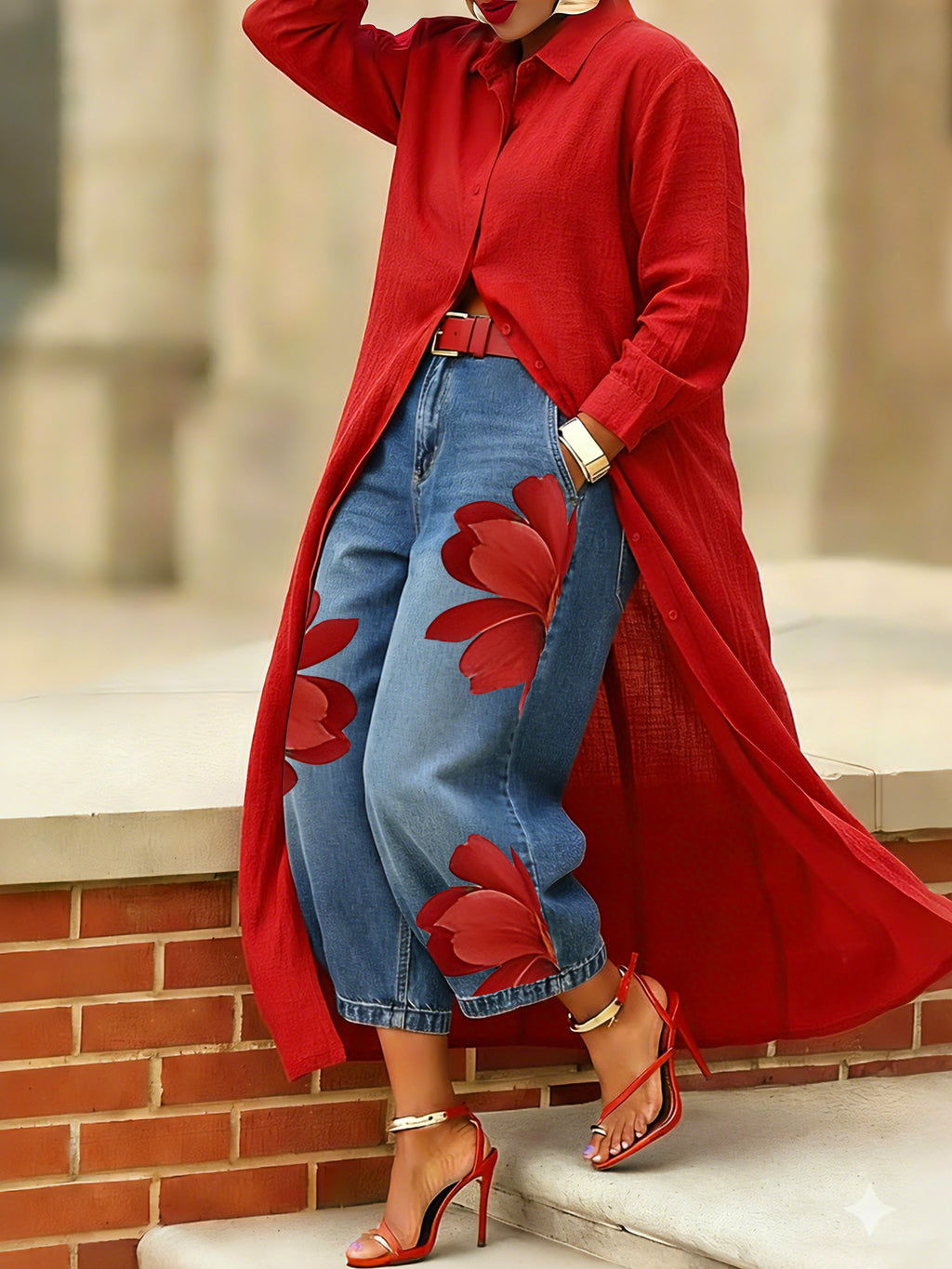 Floral-print wide-leg jeans detail
