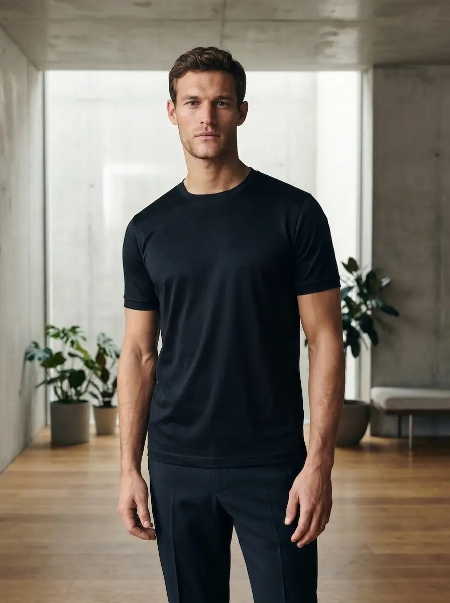 Model in black mercerised cotton tee