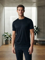 Model in black mercerised cotton tee