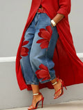 Floral-print high-waist wide-leg jeans Red